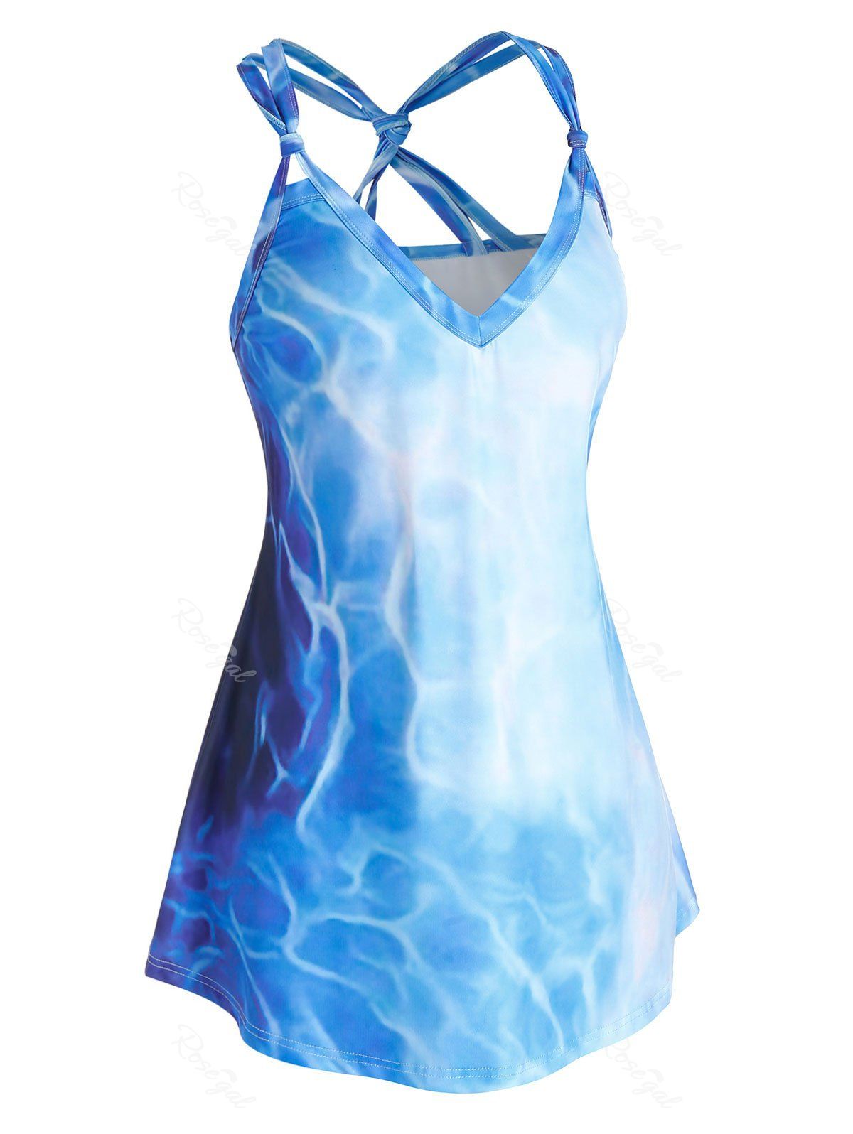 

Plus Size Water Print Knotted Tank Top, Deep sky blue