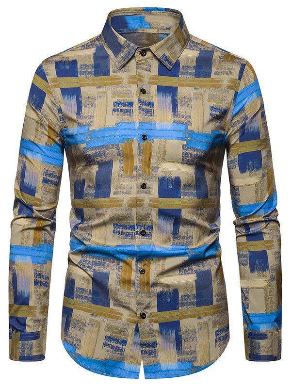 Leisure Printed Button Long-sleeved Shirt, Khaki