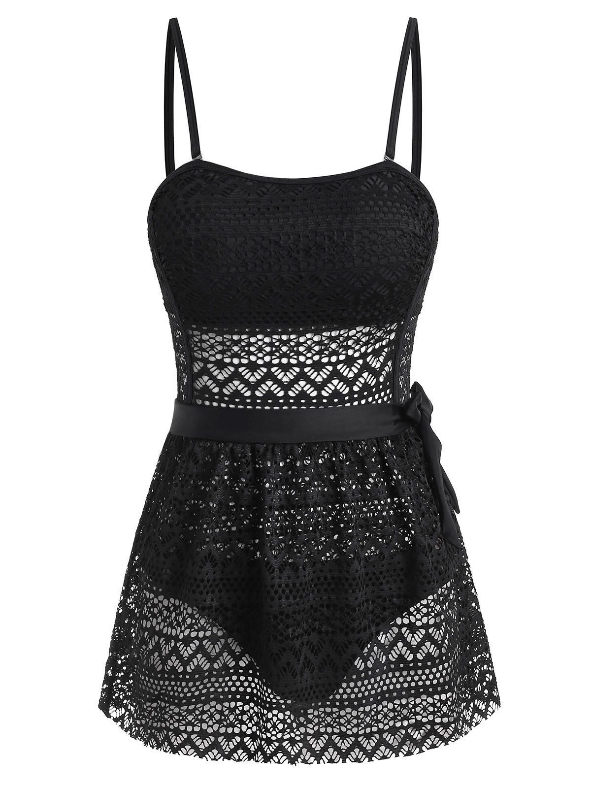 

Openwork Buttoned One-piece Swimsuit with Sarong, Black