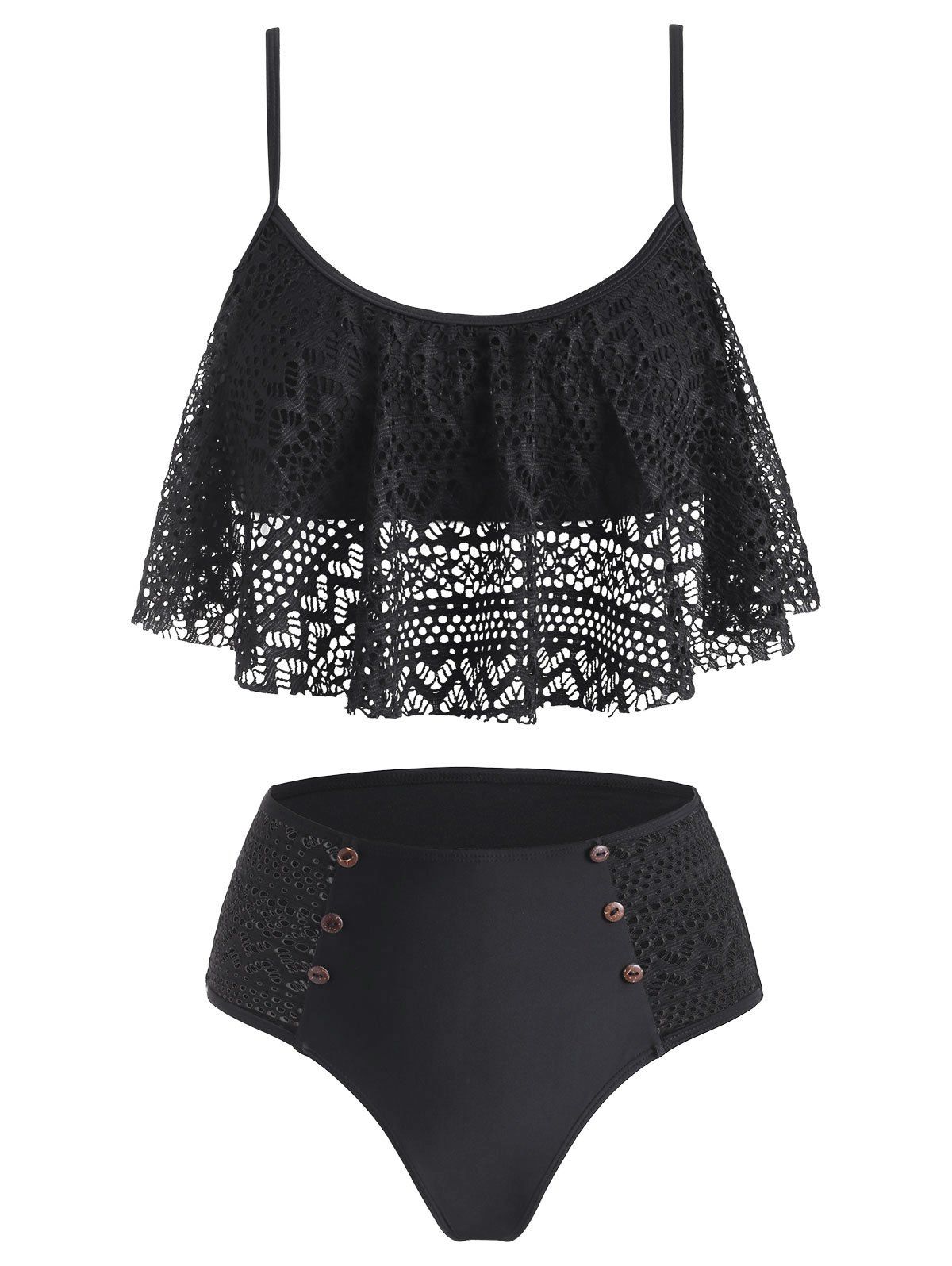 

Openwork Buttoned Flounce Tankini Set, Black