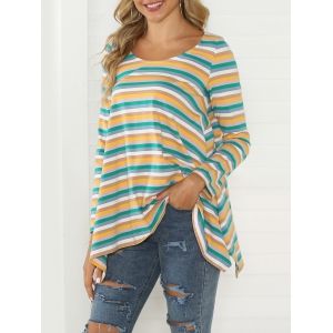 

Striped Print Scoop Neck Hanky Hem T-shirt, Multi b