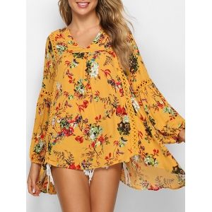 

Flower Print Asymmetric Lace Panel Blouse, Multi b