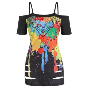 

Paint Splatter Print Ripped Open Shoulder T-shirt, Black