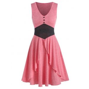 

V Neck Button Layered Sleeveless Dress, Pink rose