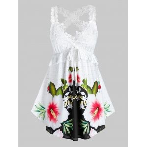

Plus Size Lace Crochet Crisscross Floral Print Tank Top, White