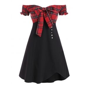 

Plaid Panel Off Shoulder Tie Front Mini Dress, White