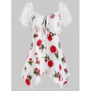 

Plus Size Lace Panel Flower Print Hanky Hem T Shirt, White