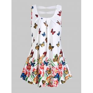 

Butterflies and Flower Print Curved Hem Tank Top, White