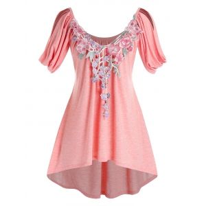 

Plus Size Cowl Sleeve Floral Applique High Low T Shirt, Pink