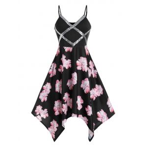 

Plus Size Handkerchief Sequins Floral Print Dress, Black