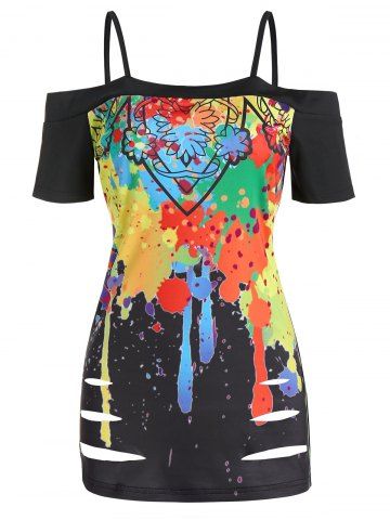 Paint Splatter Print Ripped Open Shoulder T-shirt