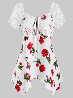 Plus Size Lace Panel Flower Print Hanky Hem T Shirt - WHITE - L