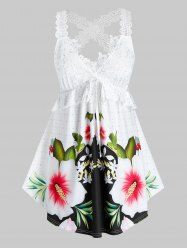 Plus Size Lace Crochet Crisscross Floral Print Tank Top -  