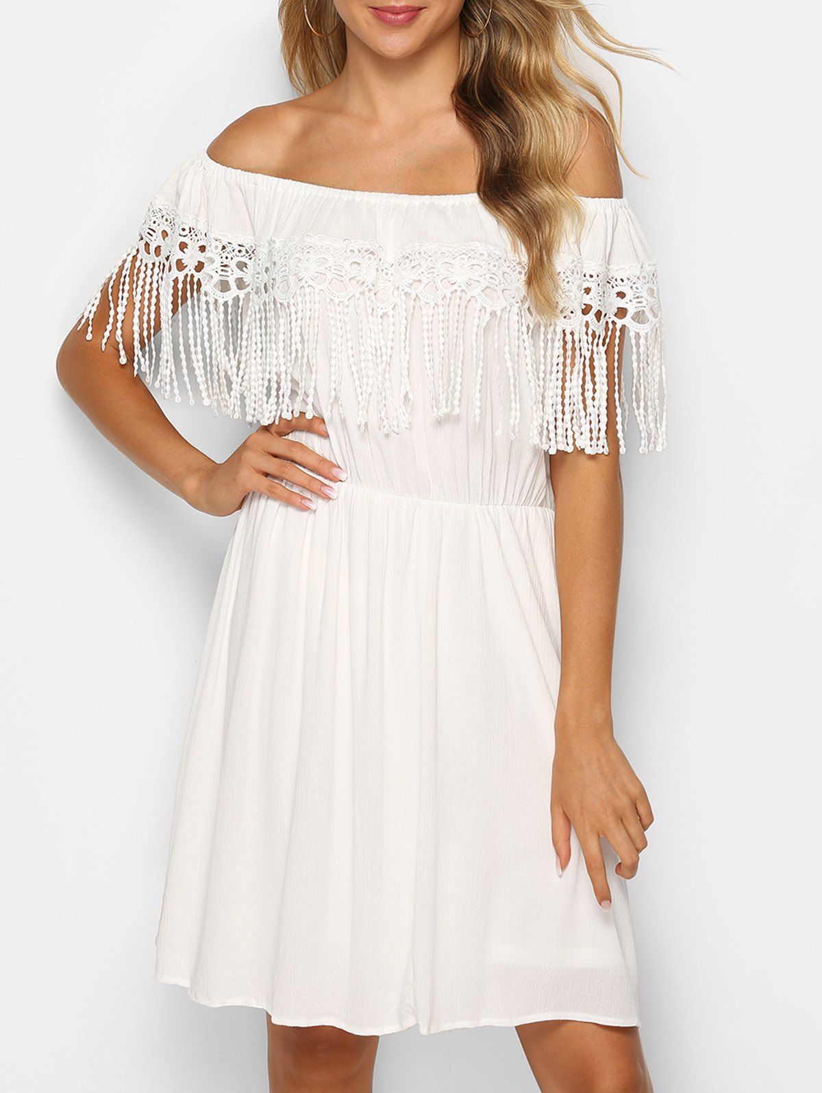 

Fringed Lace Insert Off The Shoulder Dress, White