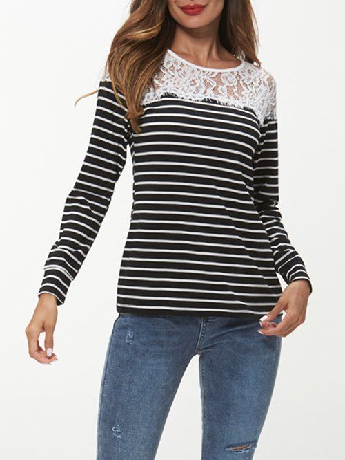 

Striped Print Lace Insert Long Sleeve T-shirt, Black