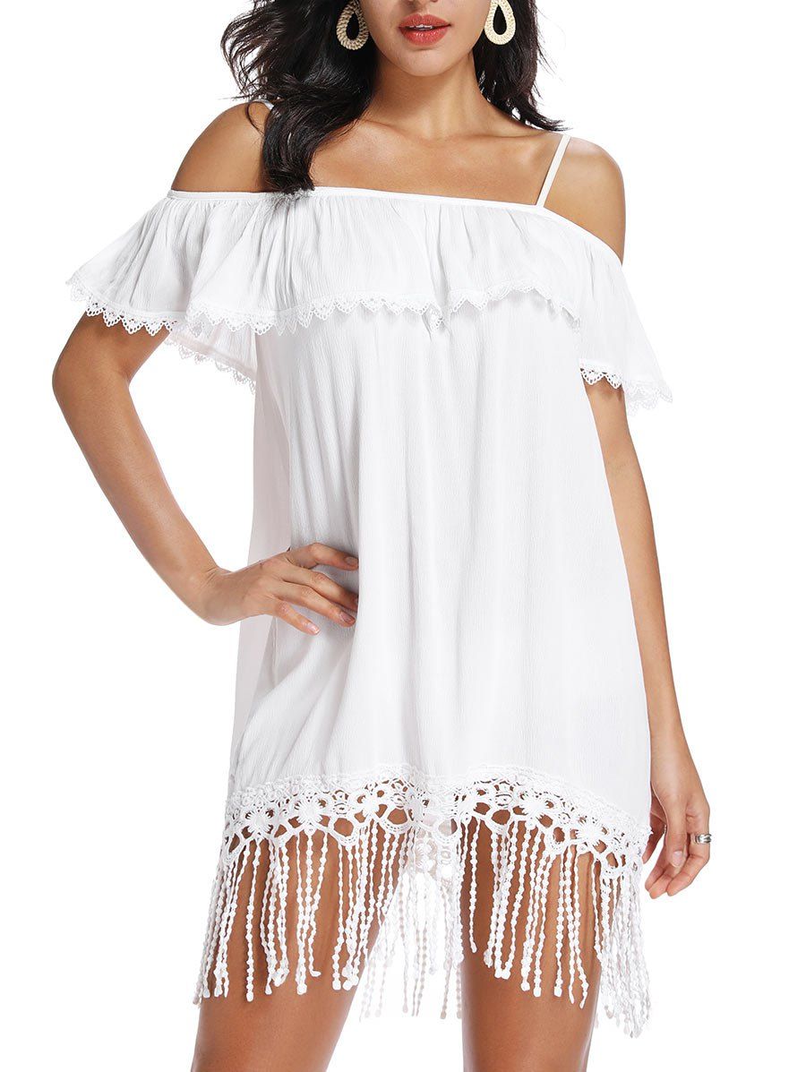 

Open Shoulder Fringed Lace Trim Flounce Dress, White