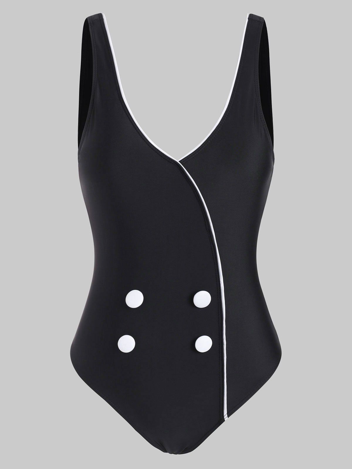 

Plunge Piping Buttoned One-piece Swimsuit, Black