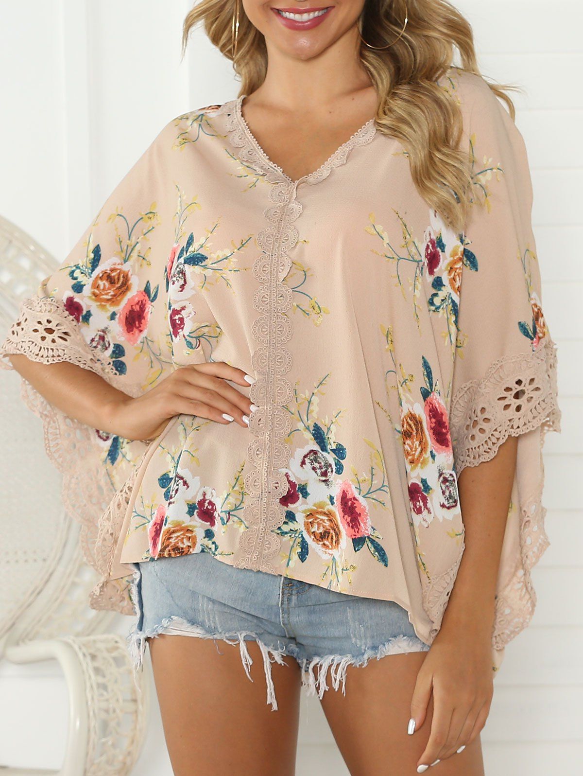 

Flower Print Lace Trim Butterfly Sleeve Blouse, Champagne