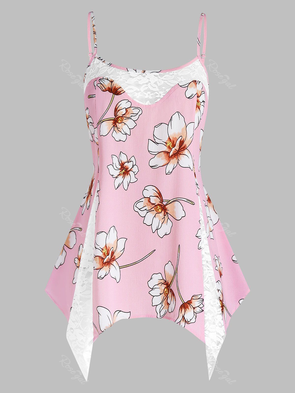 Sale Plus Size Lace Panel Flower Asymmetric Handkerchief Cami Top  