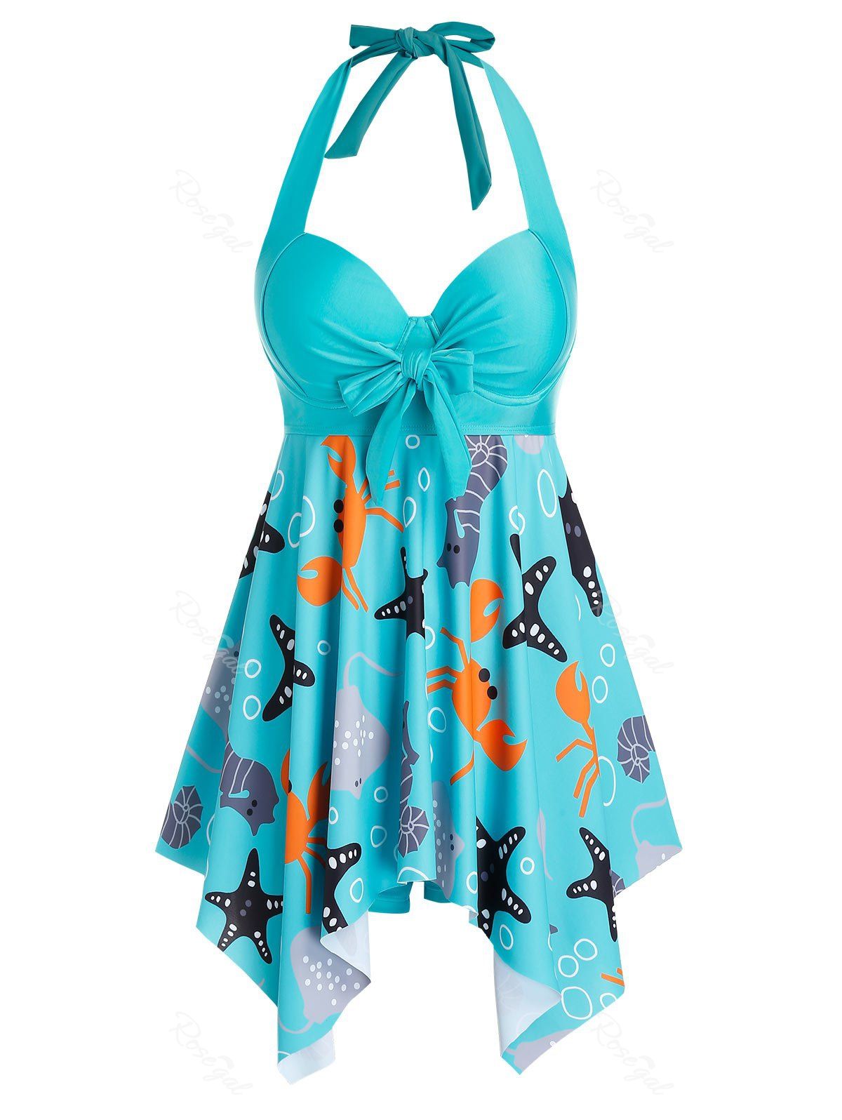 

Starfish Crab Printed Hanky Hem Plus Size Tankini Swimsuit, Celeste
