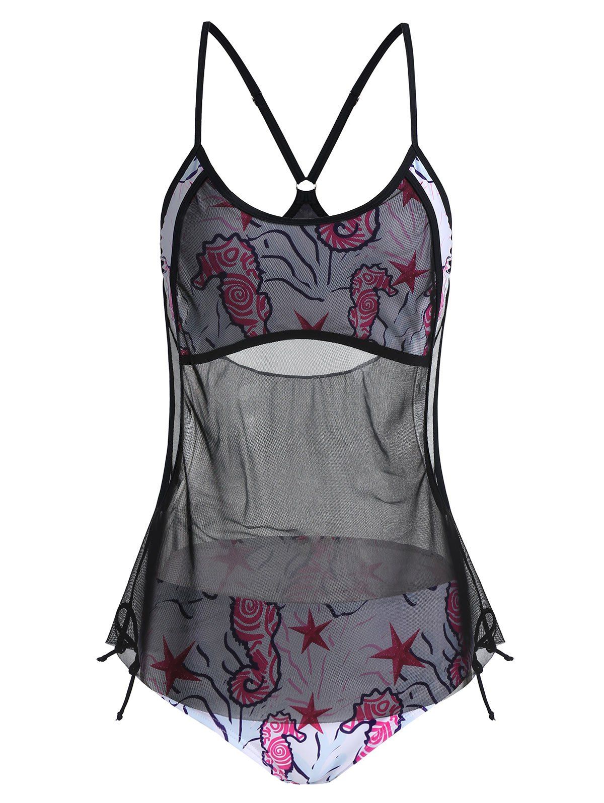 

Sea Horse Star Print Mesh Insert Padded Tankini Swimwear, Black