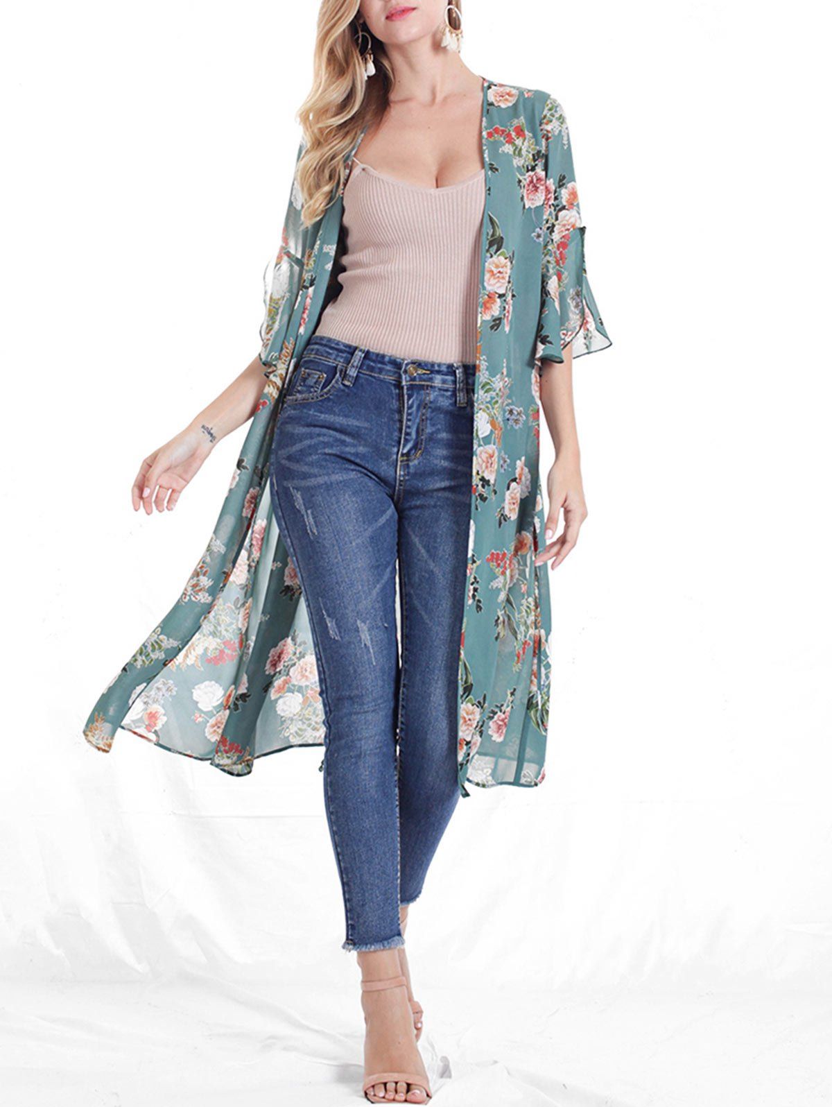 

Floral Print Slit Sleeve Open Front Belted Kimono Cardigan, Blue hosta