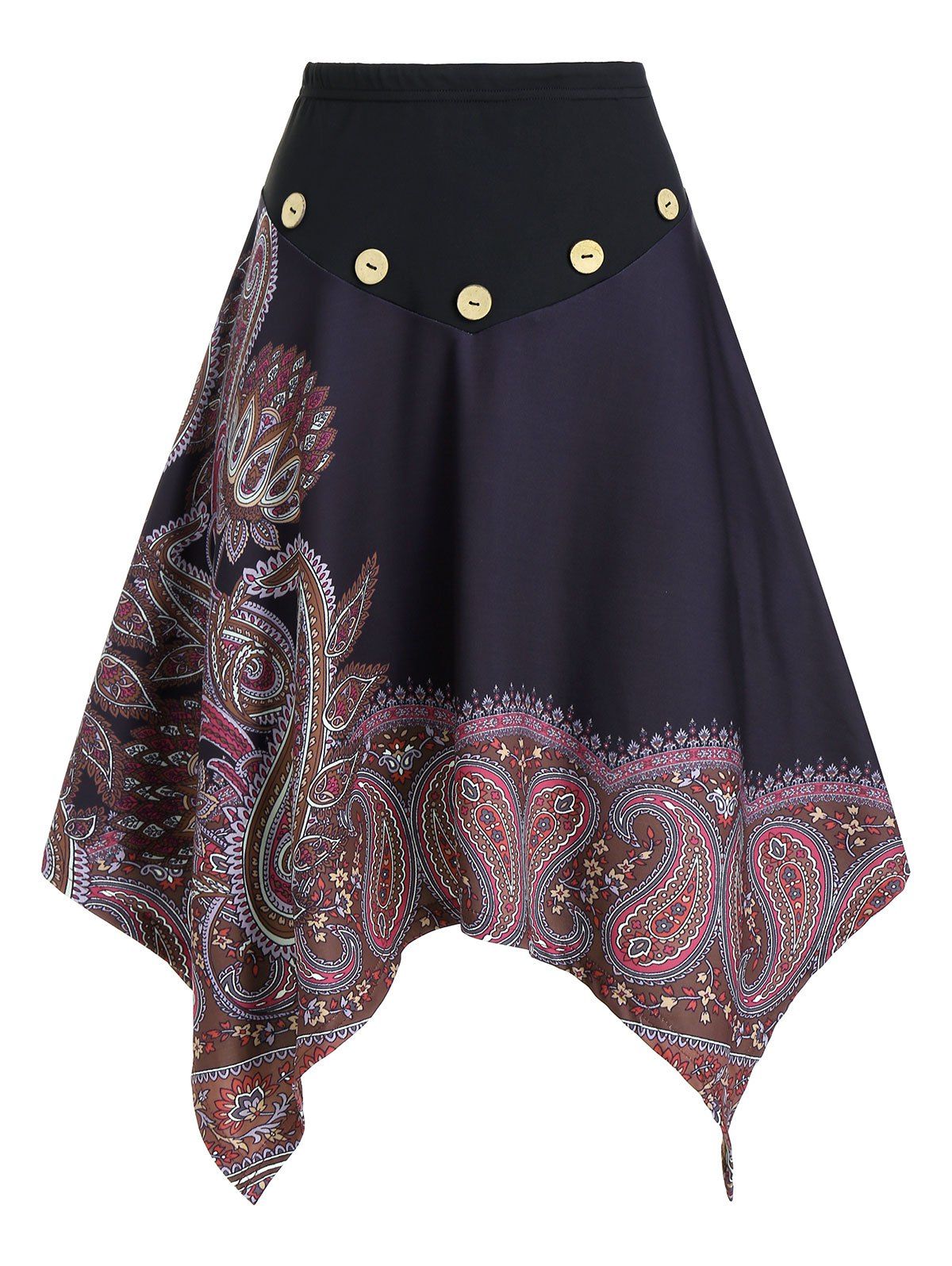 

Paisley Print Mock Button High Waist Asymmetrical Skirt, Black