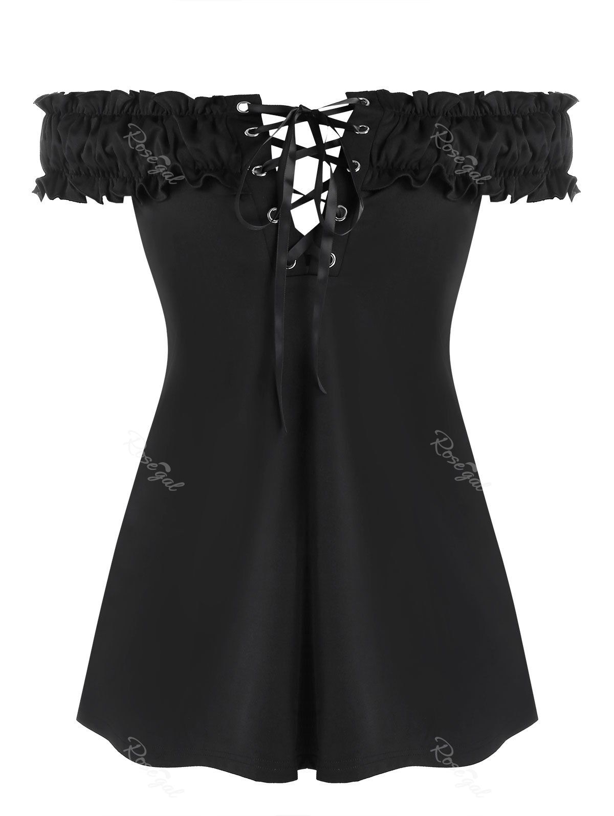 

Plus Size Ruffled Off Shoulder Lace Up T Shirt, Black