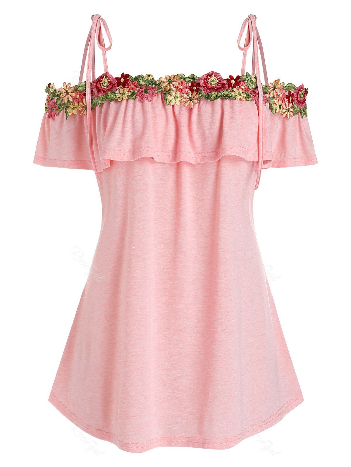

Plus Size Cold Shoulder Flower Design T Shirt, Rose