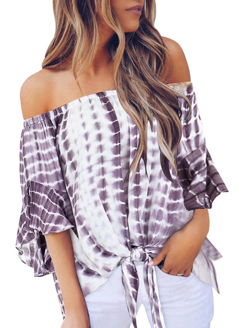 

Off Shoulder Knotted Tie Dye Blouse, Purple