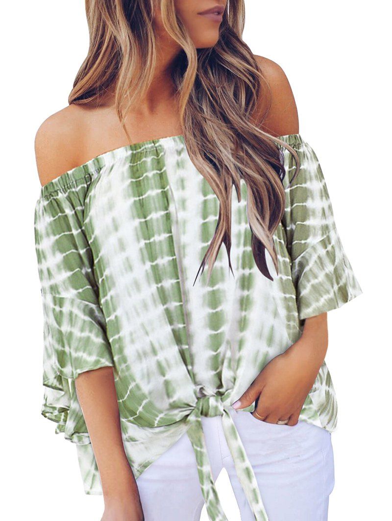 

Off Shoulder Knotted Tie Dye Blouse, Green peas