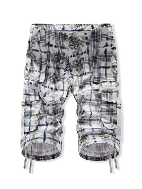 Plaid Zip Fly Multi-pocket Casual Shorts, Midnight blue