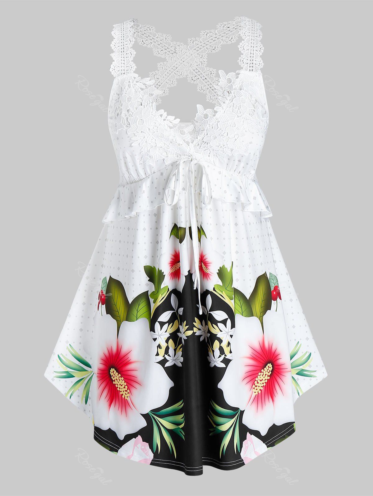 Affordable Plus Size Lace Crochet Crisscross Floral Print Tank Top  