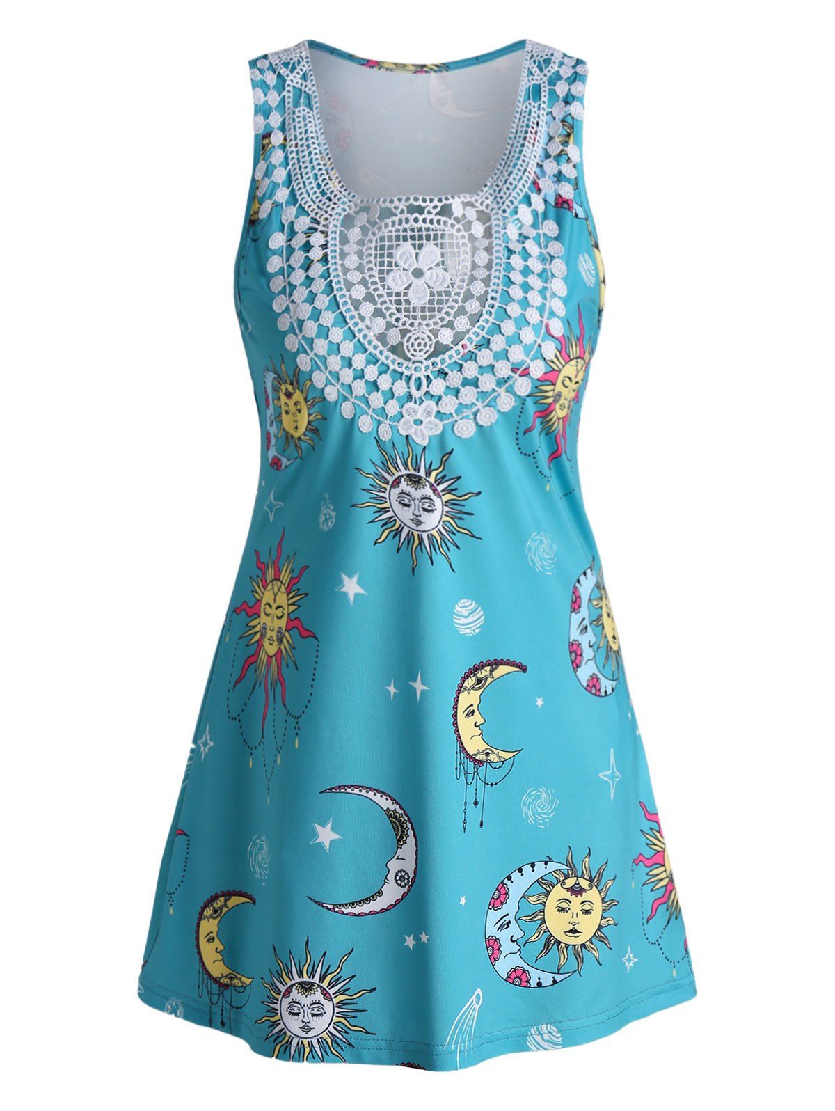 

Sun Moon Star Print Lace Panel Tank Top, Light slate