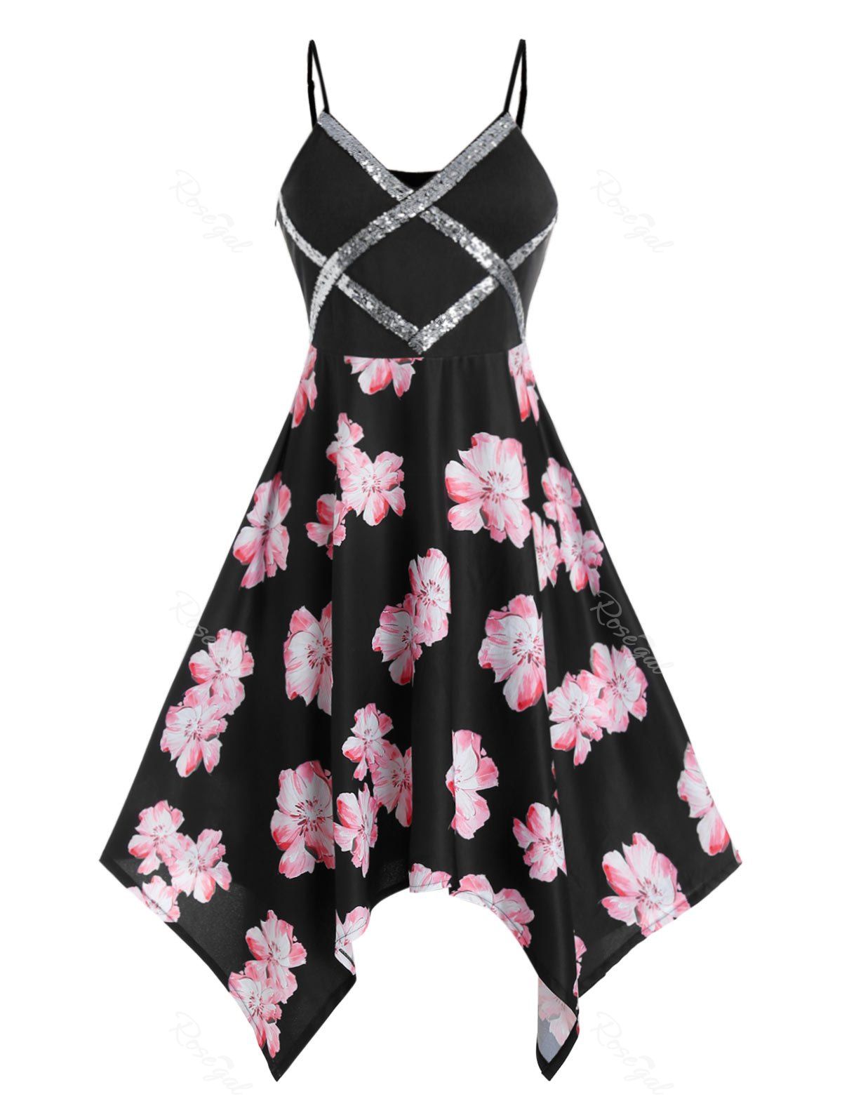 Store Plus Size Handkerchief Sequins Floral Print Dress  