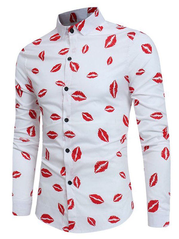 

Lips Print Button Up Long Sleeve Shirt, White