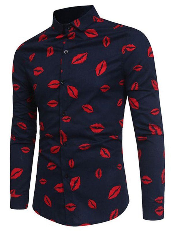 

Lips Print Button Up Long Sleeve Shirt, Cadetblue