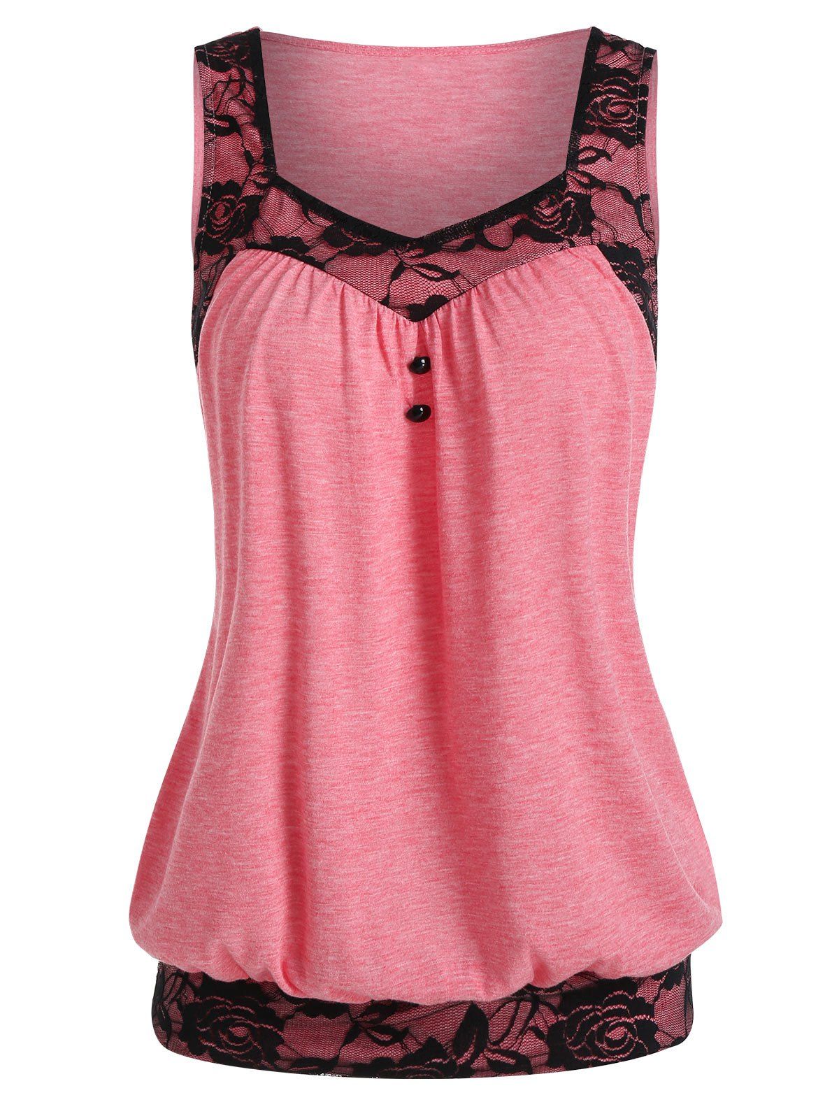

Lace Panel Button Embellished Blouson Tank Top, Pink rose