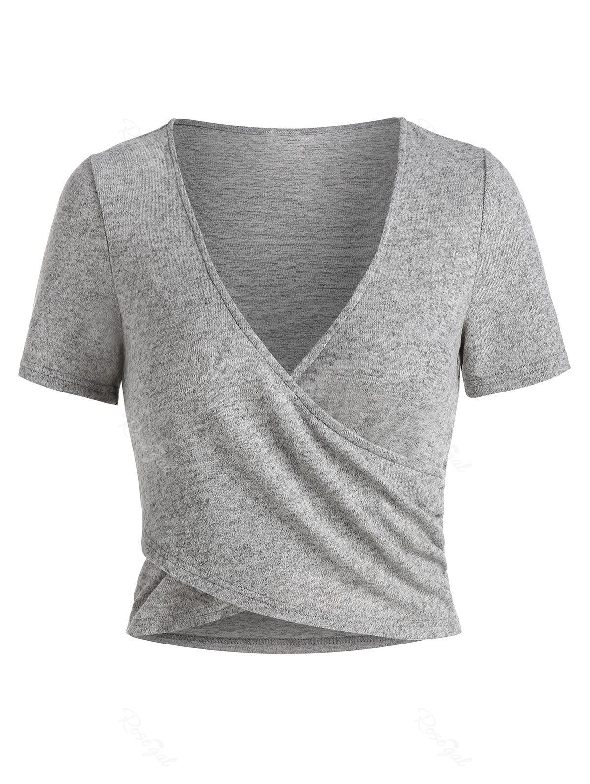 T-shirt Chiné Court Superposé à Col Plongeant Cendre gris 3XL