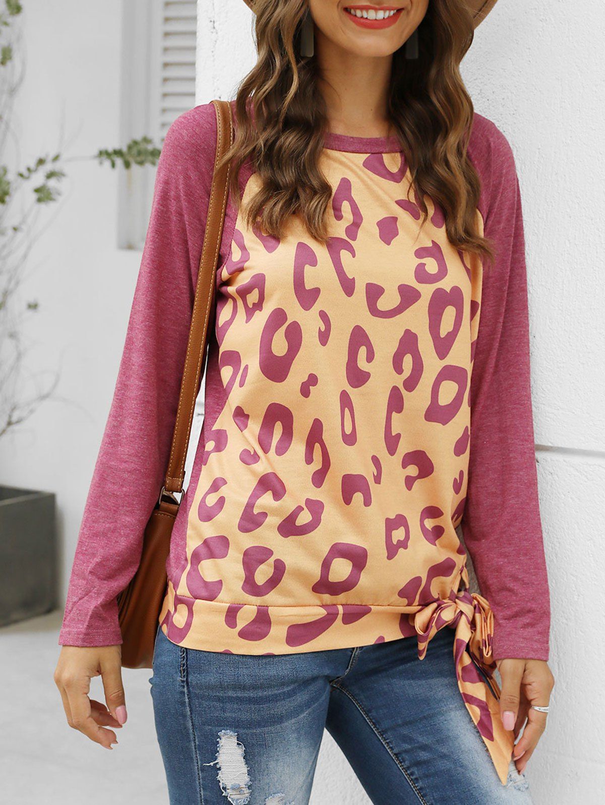 

Leopard Print Knotted Raglan Sleeve T-shirt, Red wine