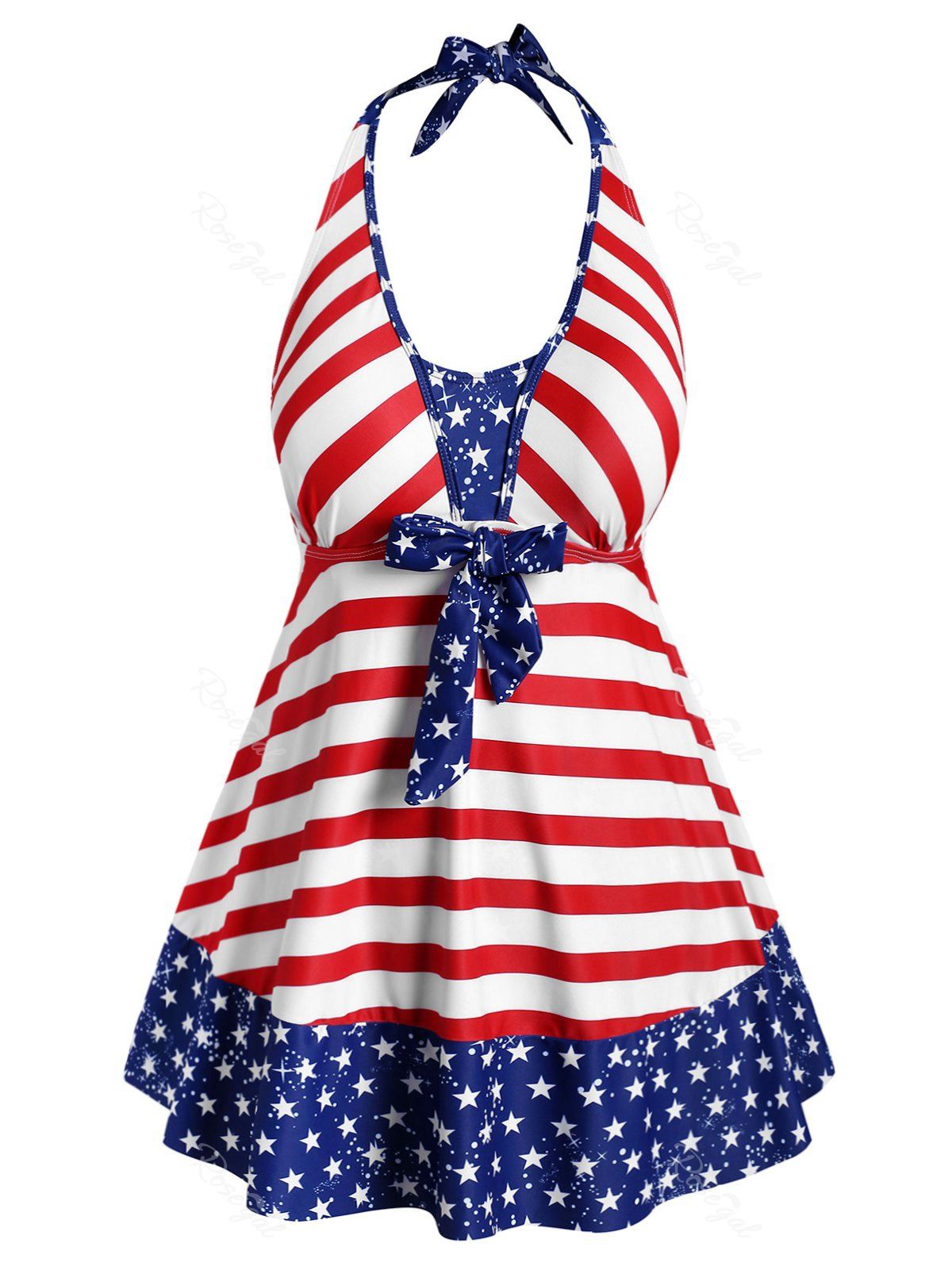 

Plus Size Patriotic American Flag Bowknot Halter Tankini Swimwear, Lapis blue