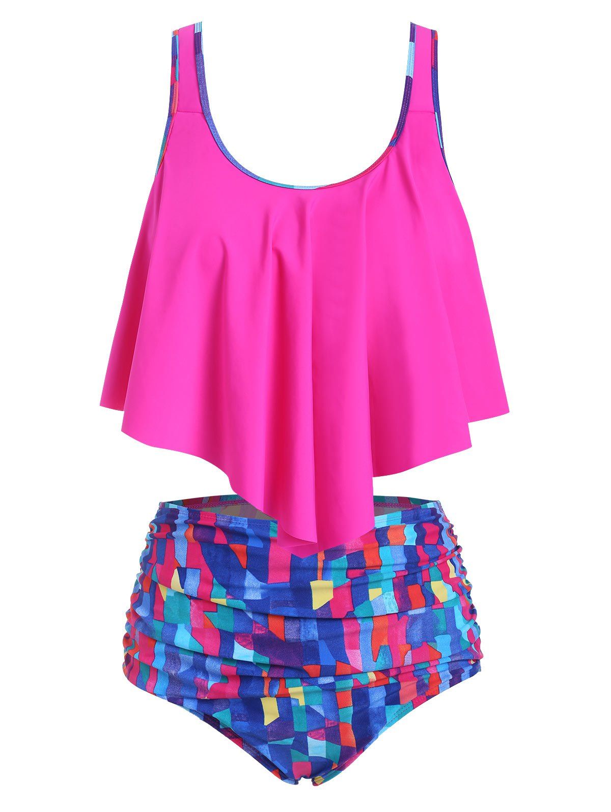 

Printed Flounce Overlay Tummy Control Tankini Swimwear, Hot pink