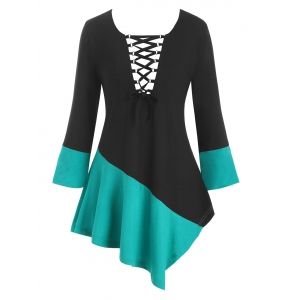 

Two Tone Lace Up Asymmetrical Plus Size Top, Medium turquoise