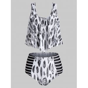 

Feather Print Padded High Waisted Tankini Swimwear, Black