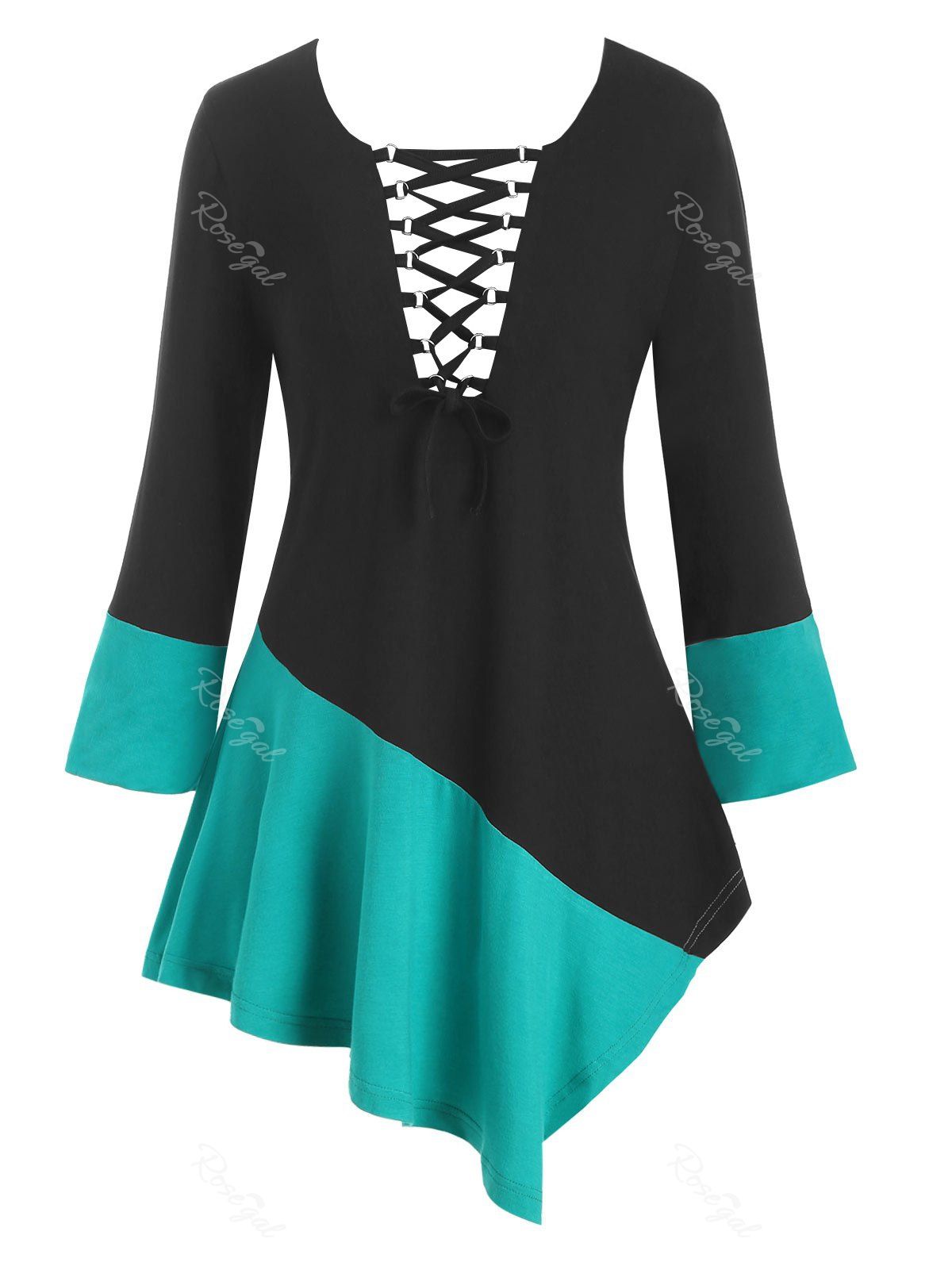 

Two Tone Lace Up Asymmetrical Plus Size Top, Medium turquoise