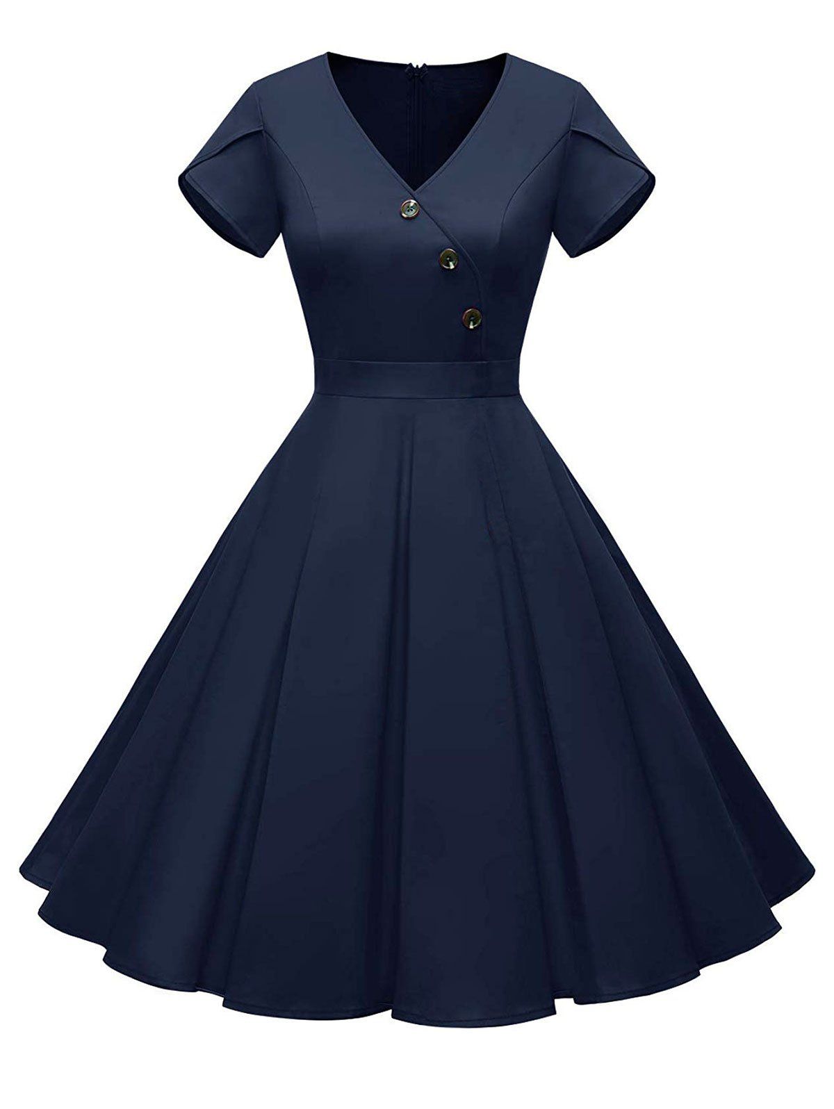 

Mock Button Tulip Sleeves V Neck Dress, Deep blue