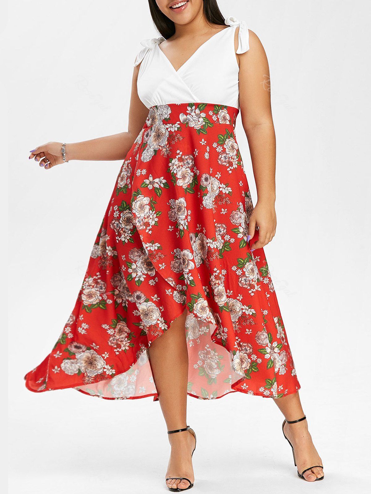 

Plus Size Floral Print Tie Shoulder High Low Dress, Red