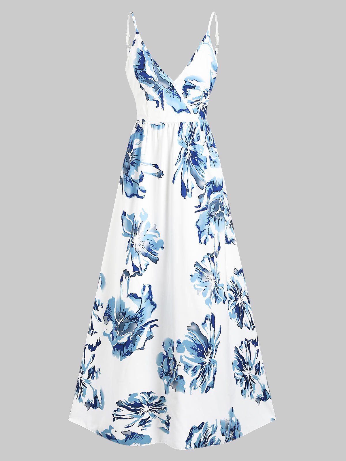 

Waist Tie Floral Maxi Cami Surplice Dress, White