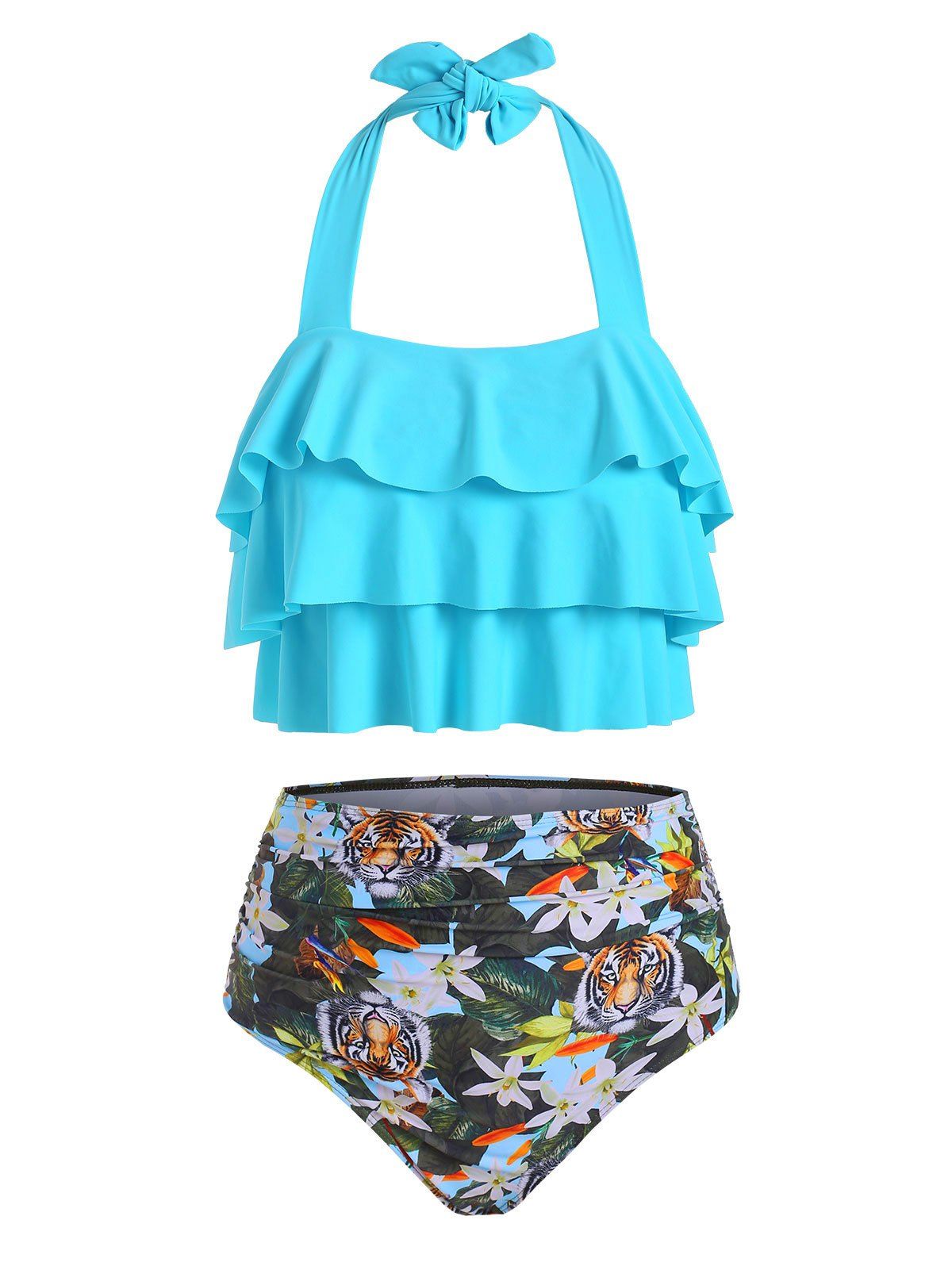 

Tiered Flounces Tiger Leaves Print High Waisted Tankini Swimsuit, Deep sky blue