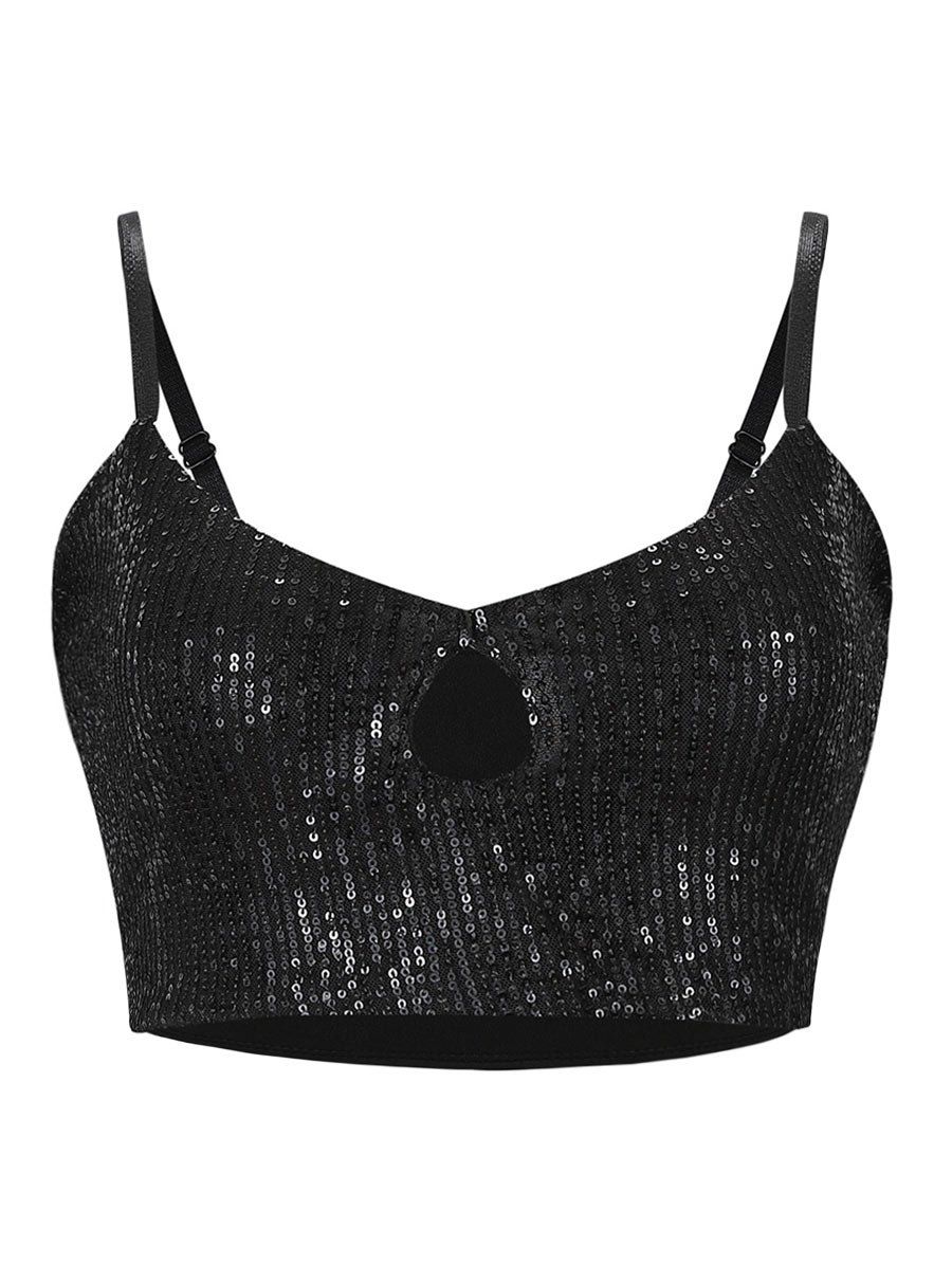 

Keyhole Sequined Crop Cami Top, Black